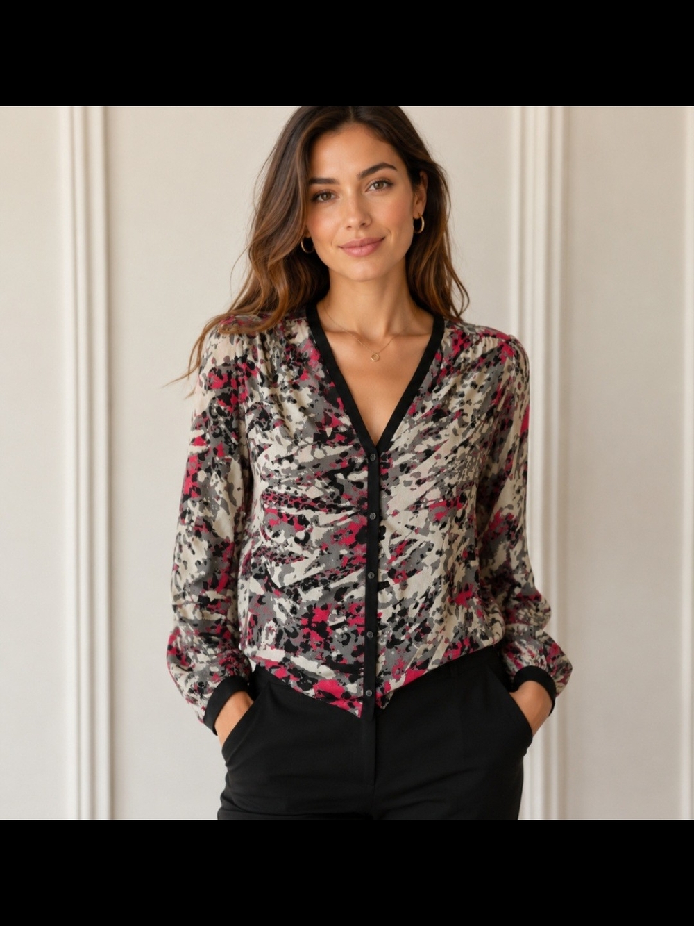 DKNYC Womens Abstract Art Print Button Front Semi Sheer Blouse Top Large